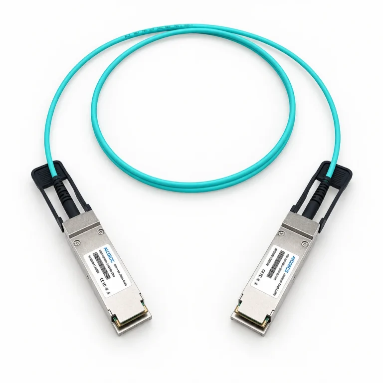 ATGBICS active optical cable with two QSFP28 modules and aqua fiber