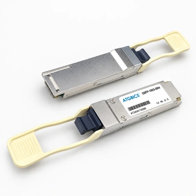 ATGBICS QSFP28 SR4 optical transceiver shown from label and reverse sides