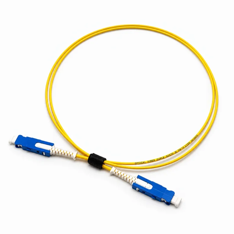 Yellow SN-to-SN fiber assembly with blue connectors and white push-pull boots