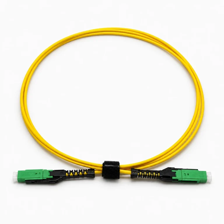 Yellow MDC-to-MDC fiber assembly with green connectors and black pull boots