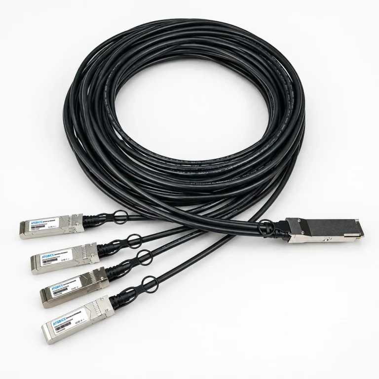 Copper breakout assembly with one QSFP-style plug and four SFP-style branches