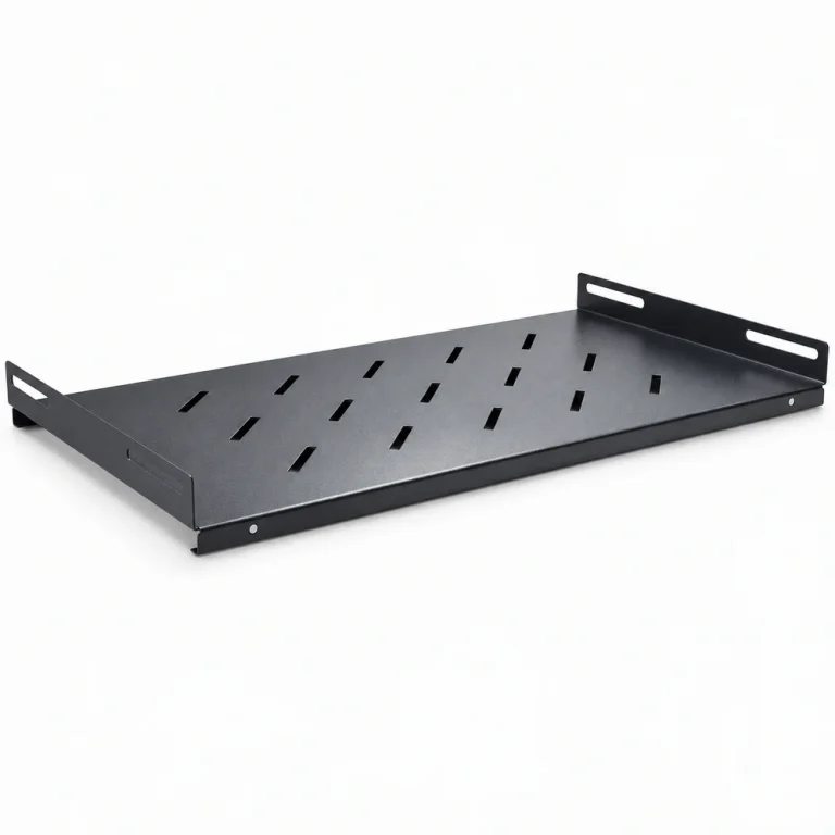 Black rack shelf with mounting slots and a perforated support surface